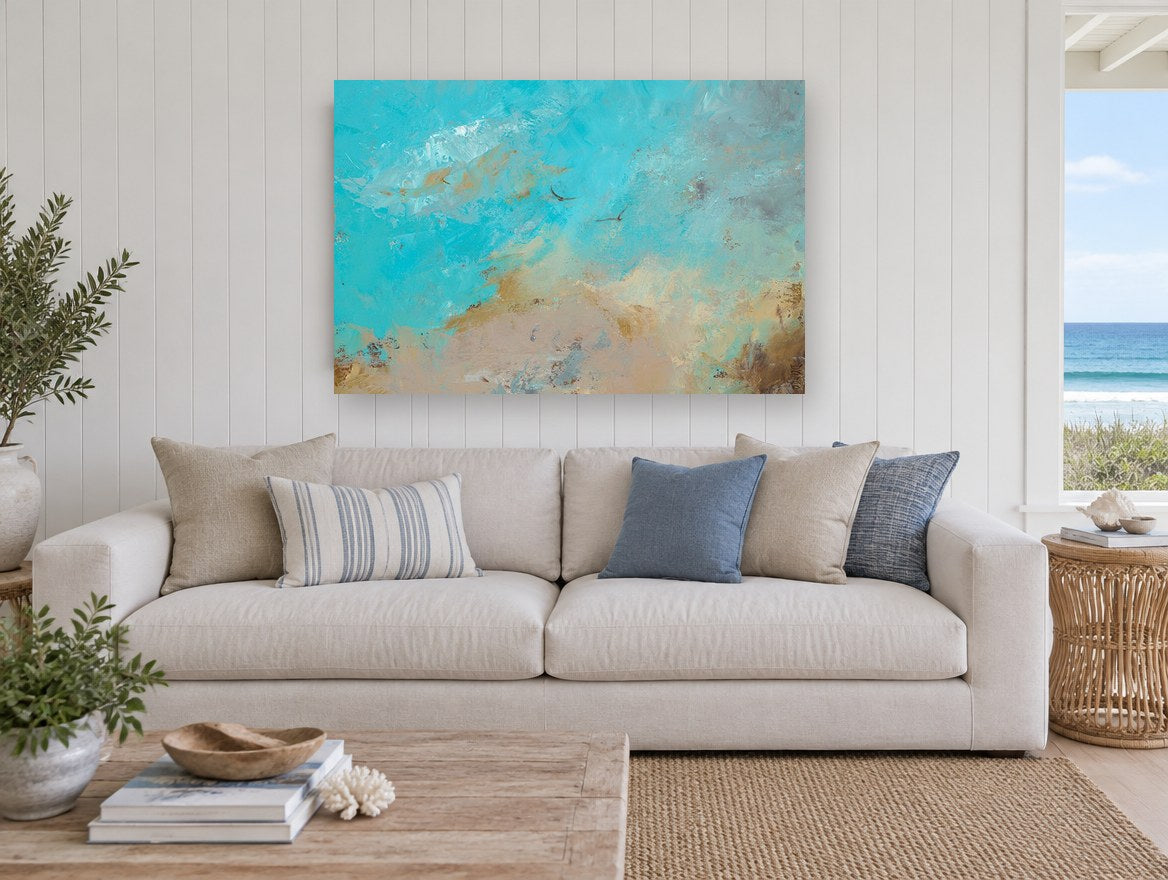 Two Birds Aloft animal canvas print on the wall of a beach house living room