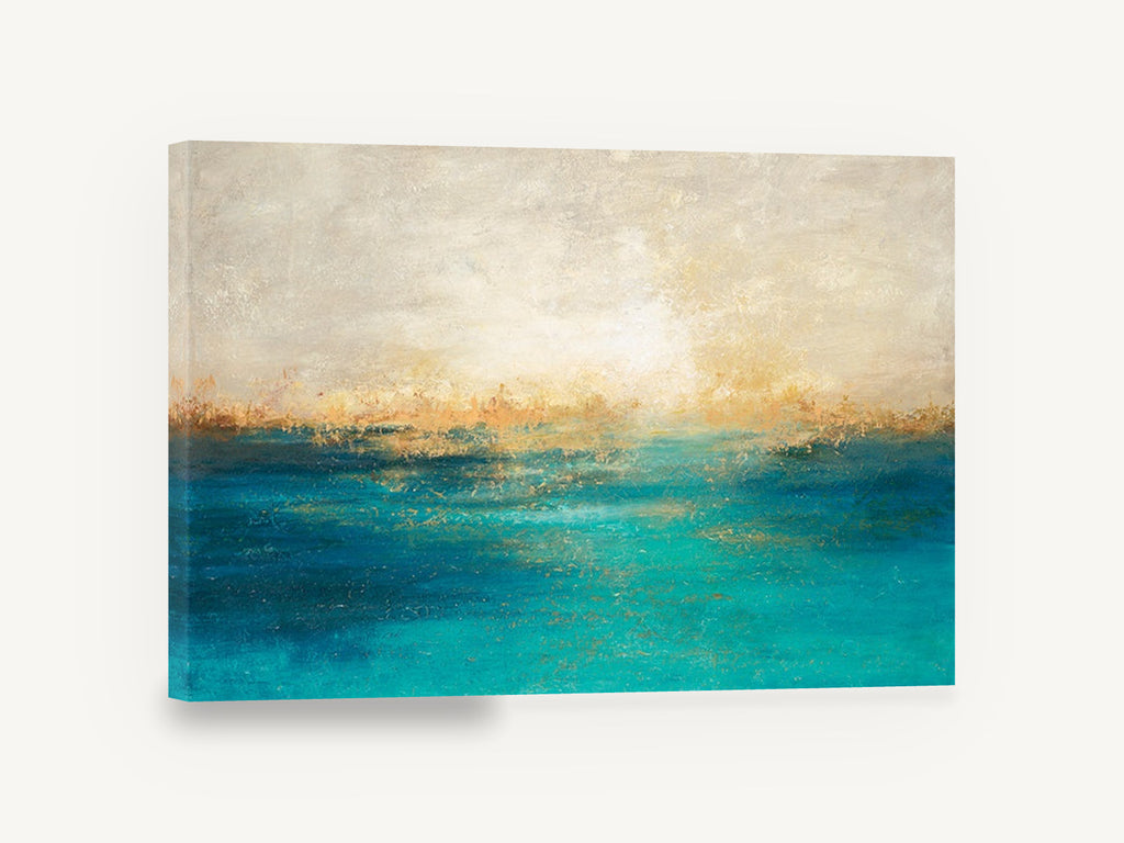 Golden Shore Teal Haze, teal ocean gold horizon abstract, coastal canvas wall art print ready to hang