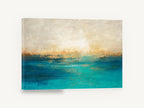 Golden Shore Teal Haze, teal ocean gold horizon abstract, coastal canvas wall art print ready to hang