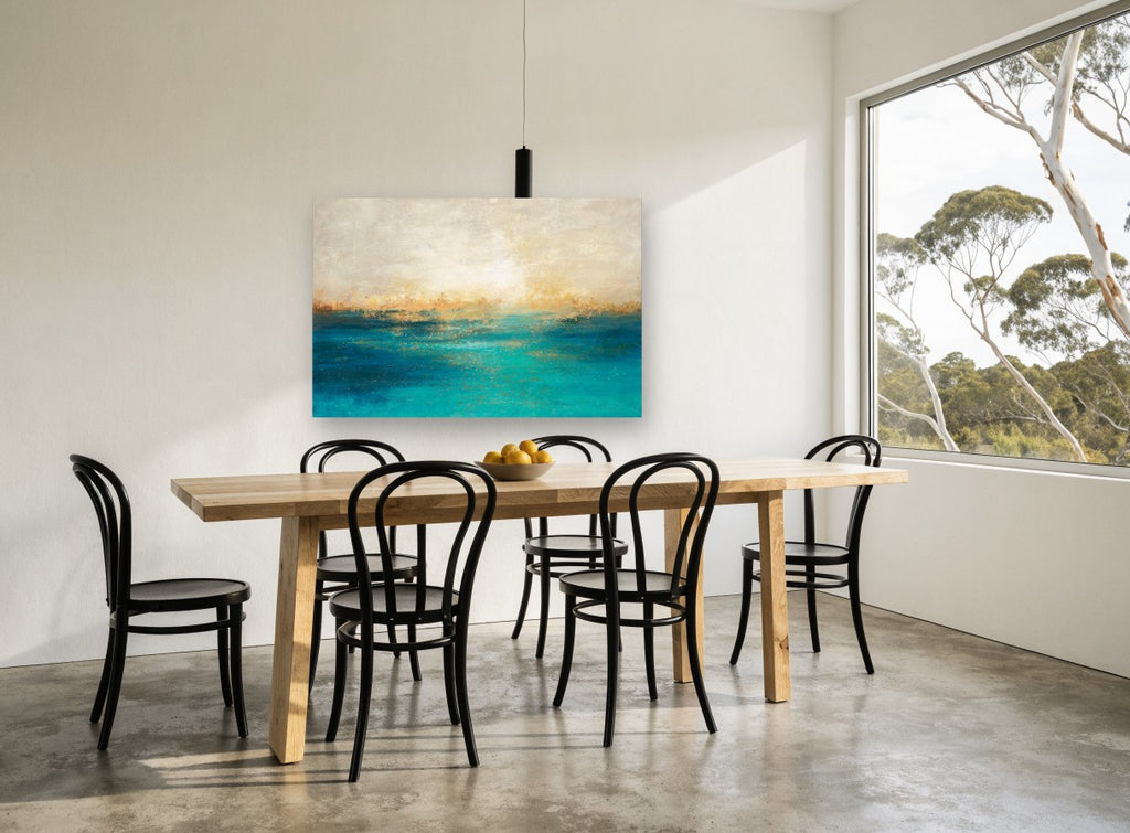 Golden Shore Teal Haze coastal canvas print on the wall of a dining room