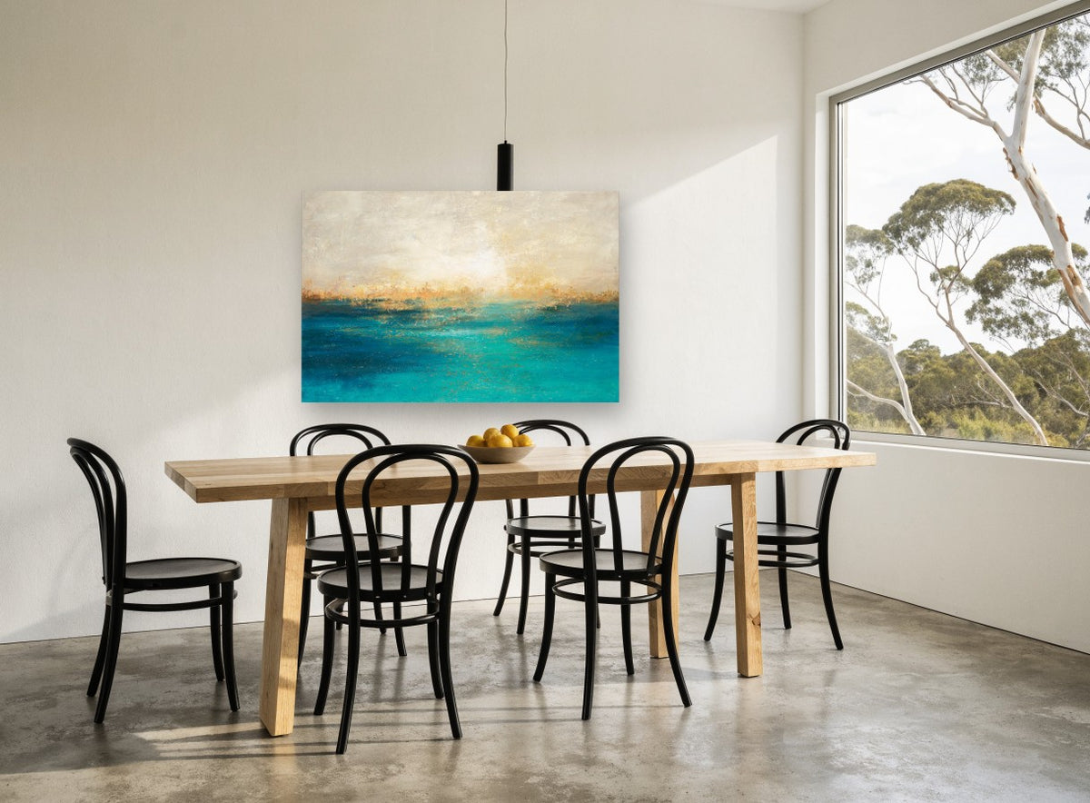 Golden Shore Teal Haze coastal canvas print on the wall of a dining room