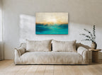 Golden Shore Teal Haze coastal canvas print on the wall of a living room