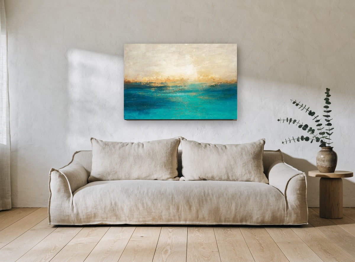 Golden Shore Teal Haze coastal canvas print on the wall of a living room