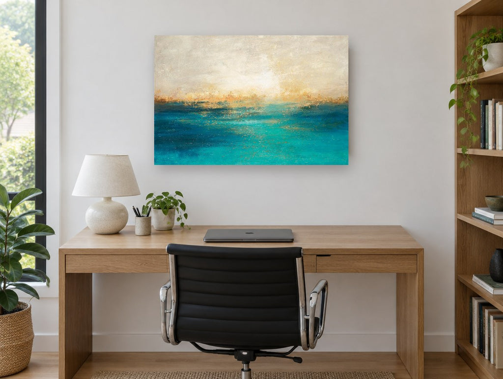 Golden Shore Teal Haze coastal canvas print on the wall of a study