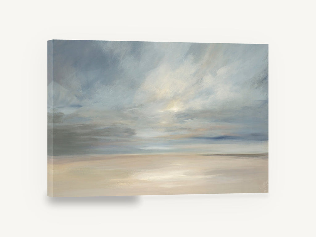Soft Light Over Sands, pale beach sky seascape painting, coastal canvas wall art print ready to hang