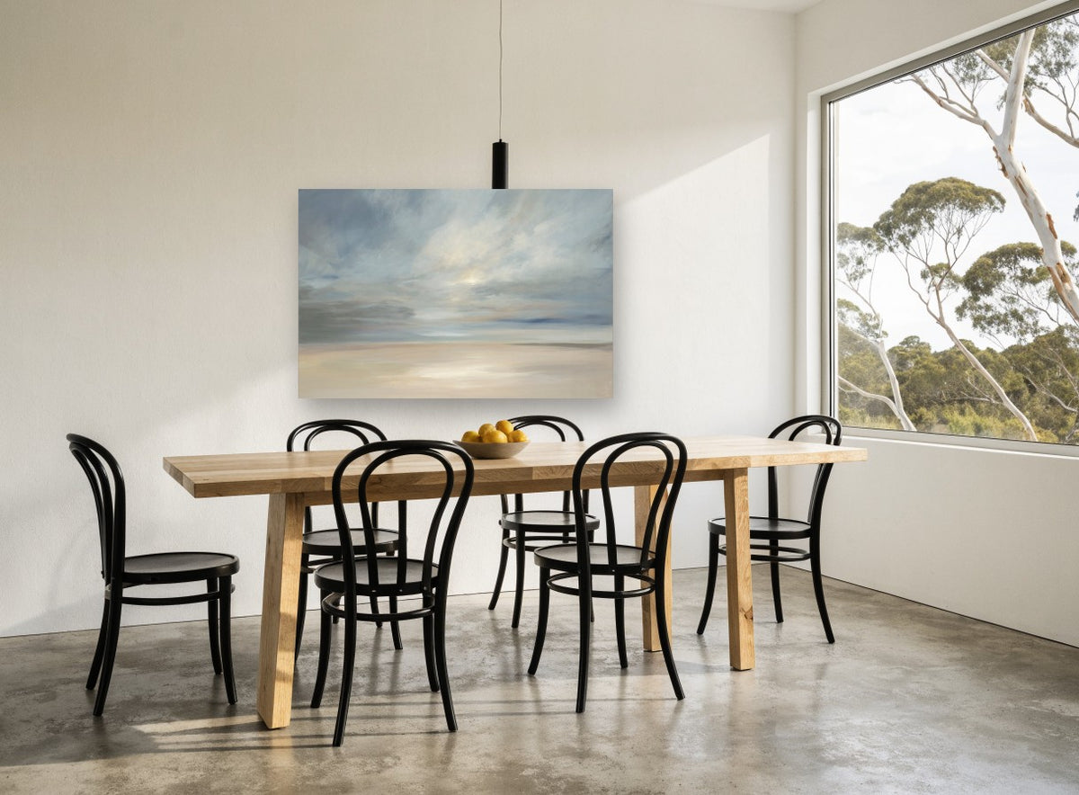 Soft Light Over Sands coastal canvas print on the wall of a dining room