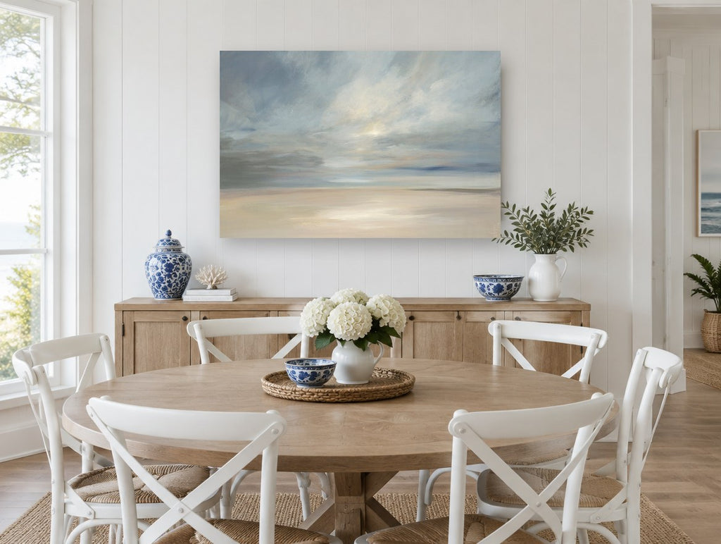 Soft Light Over Sands coastal canvas print on the wall of a Hamptons dining room