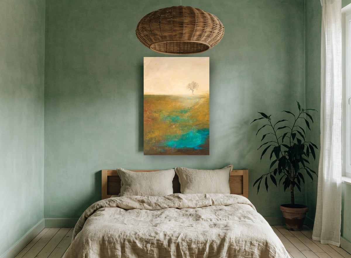 Lone Tree Teal Field landscape canvas print on the wall of a bedroom