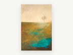 Lone Tree Teal Field, lone tree abstract landscape painting, landscape canvas wall art print, front view