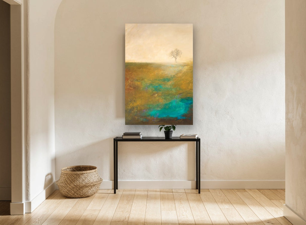 Lone Tree Teal Field landscape canvas print on the wall of a hallway