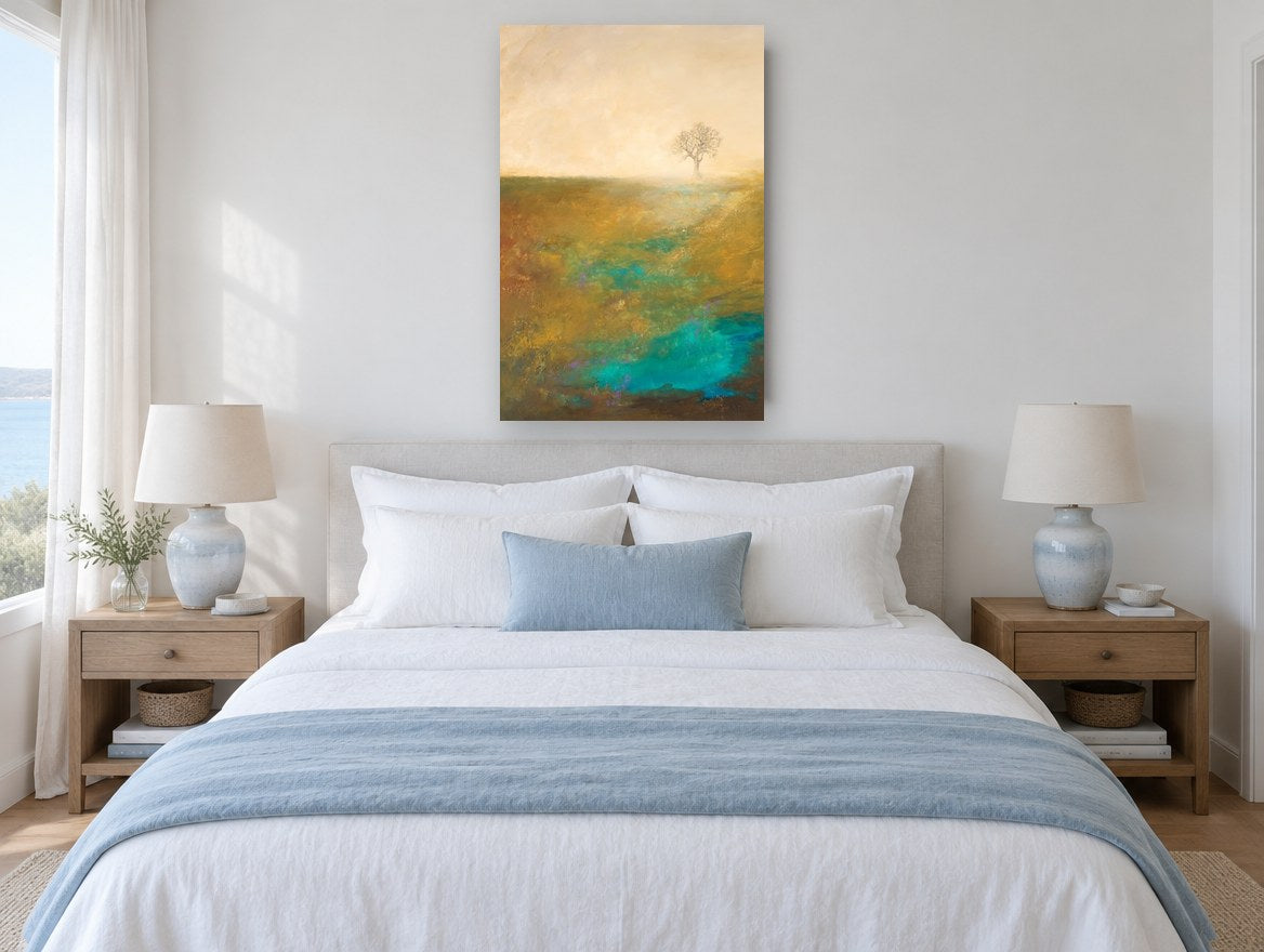 Lone Tree Teal Field landscape canvas print on the wall of a bedroom
