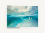 Three Sails Adrift, turquoise sailboats abstract seascape, coastal canvas wall art print ready to hang