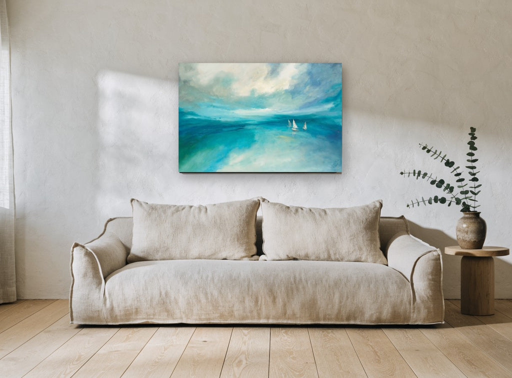 Three Sails Adrift coastal canvas print on the wall of a living room