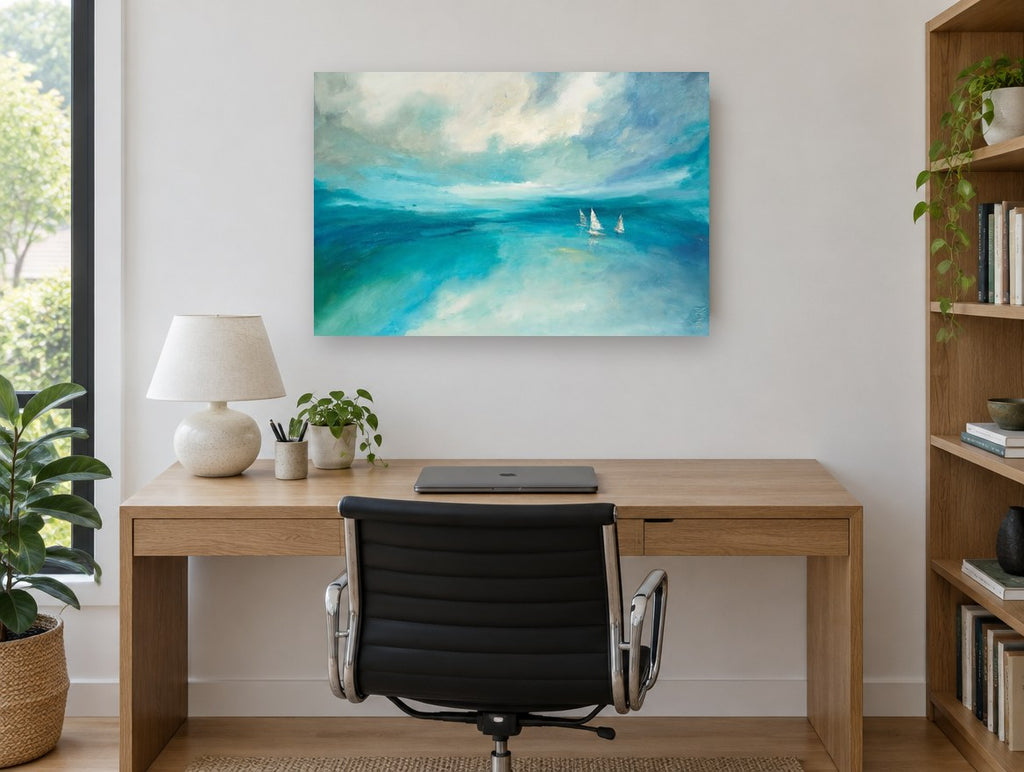 Three Sails Adrift coastal canvas print on the wall of a study