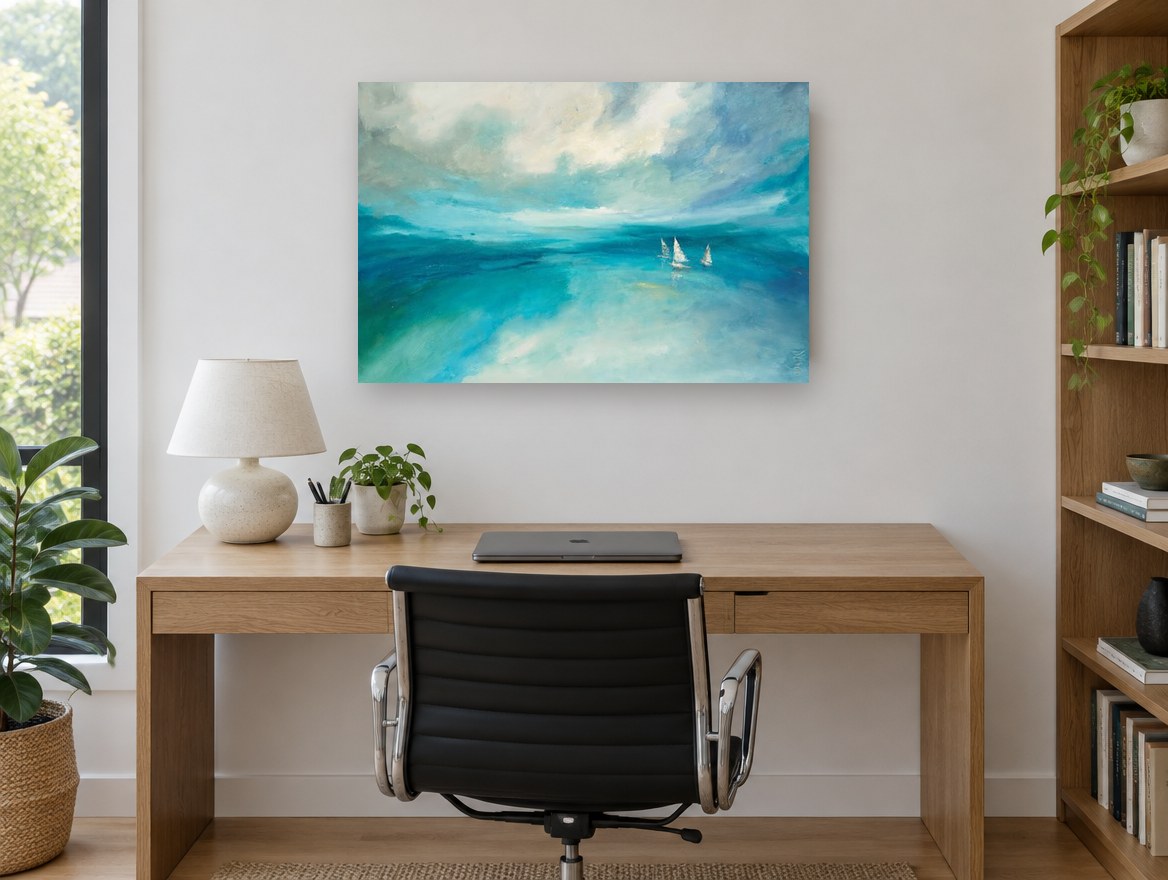 Three Sails Adrift coastal canvas print on the wall of a study