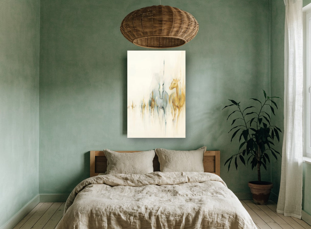 Two Horses Emerging animal canvas print on the wall of a bedroom