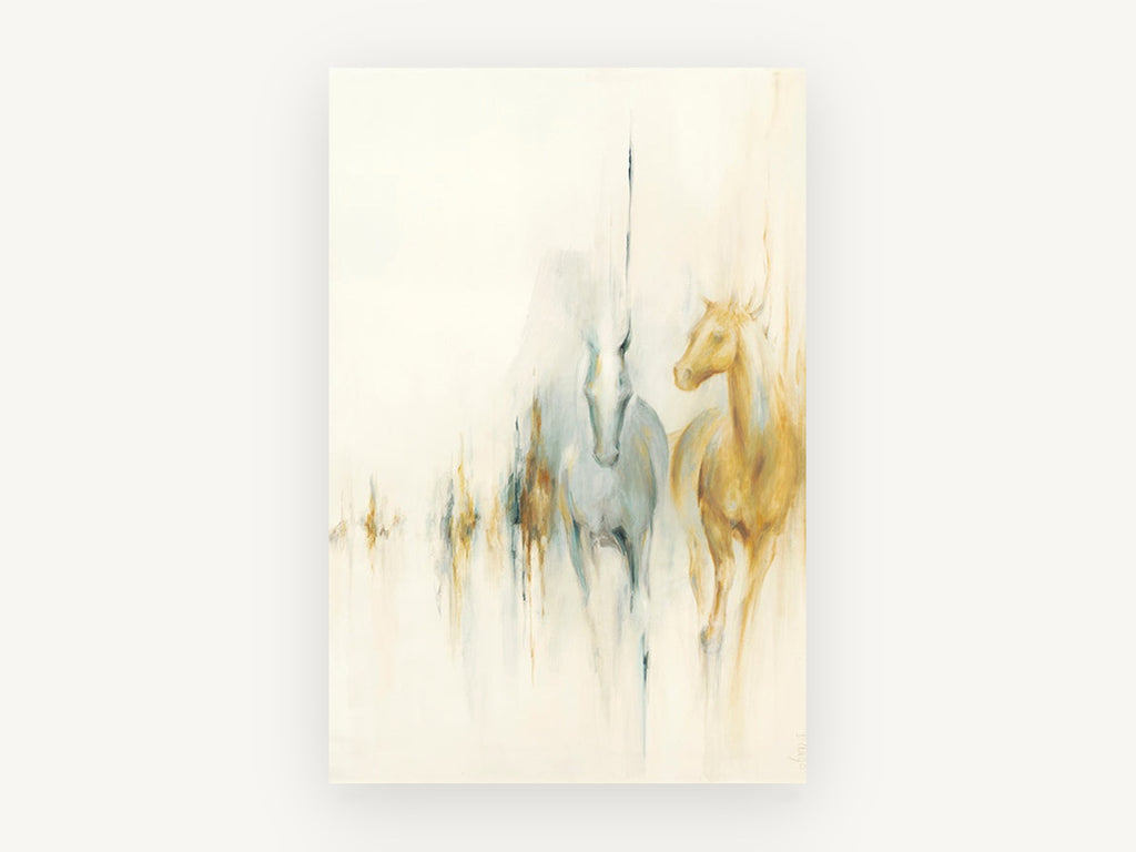 Two Horses Emerging, abstract horses gold and grey painting, animal canvas wall art print, front view