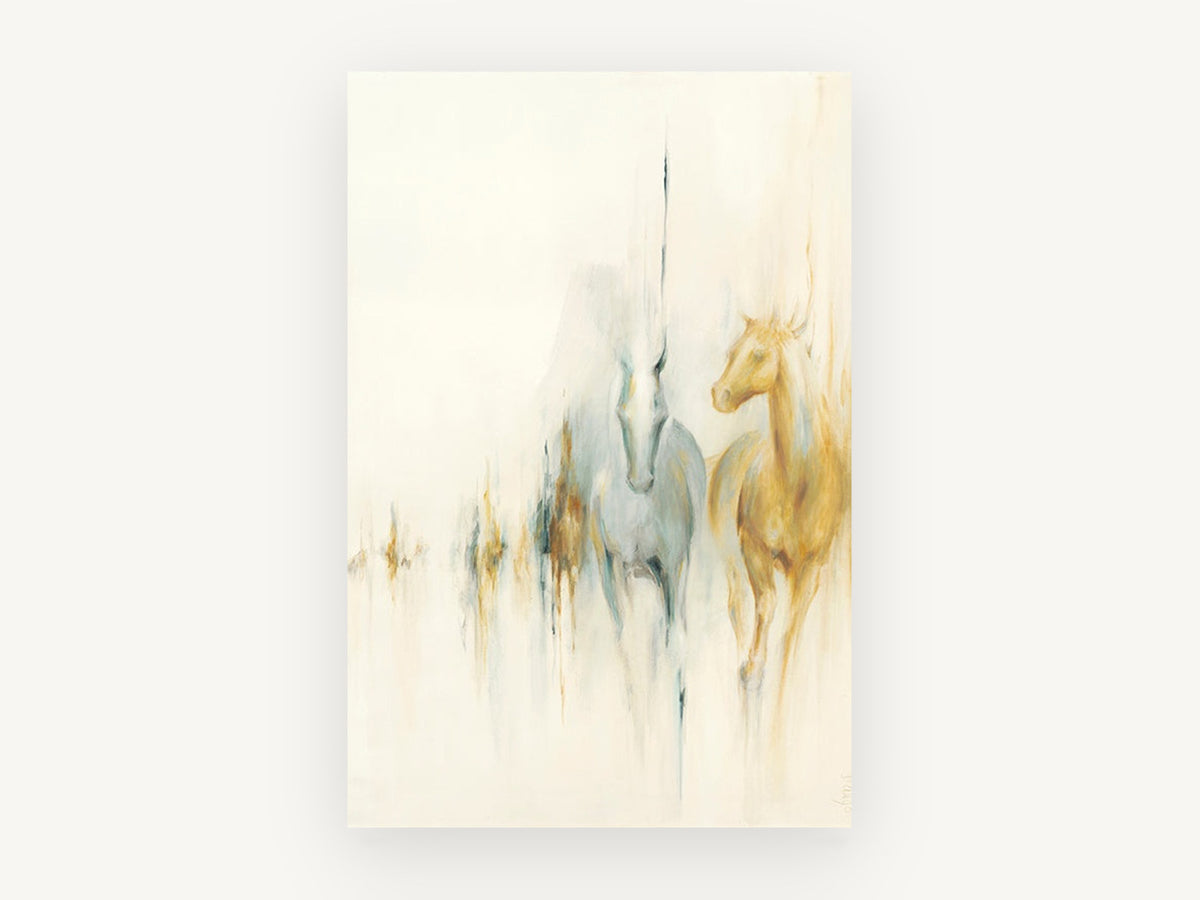 Two Horses Emerging, abstract horses gold and grey painting, animal canvas wall art print, front view