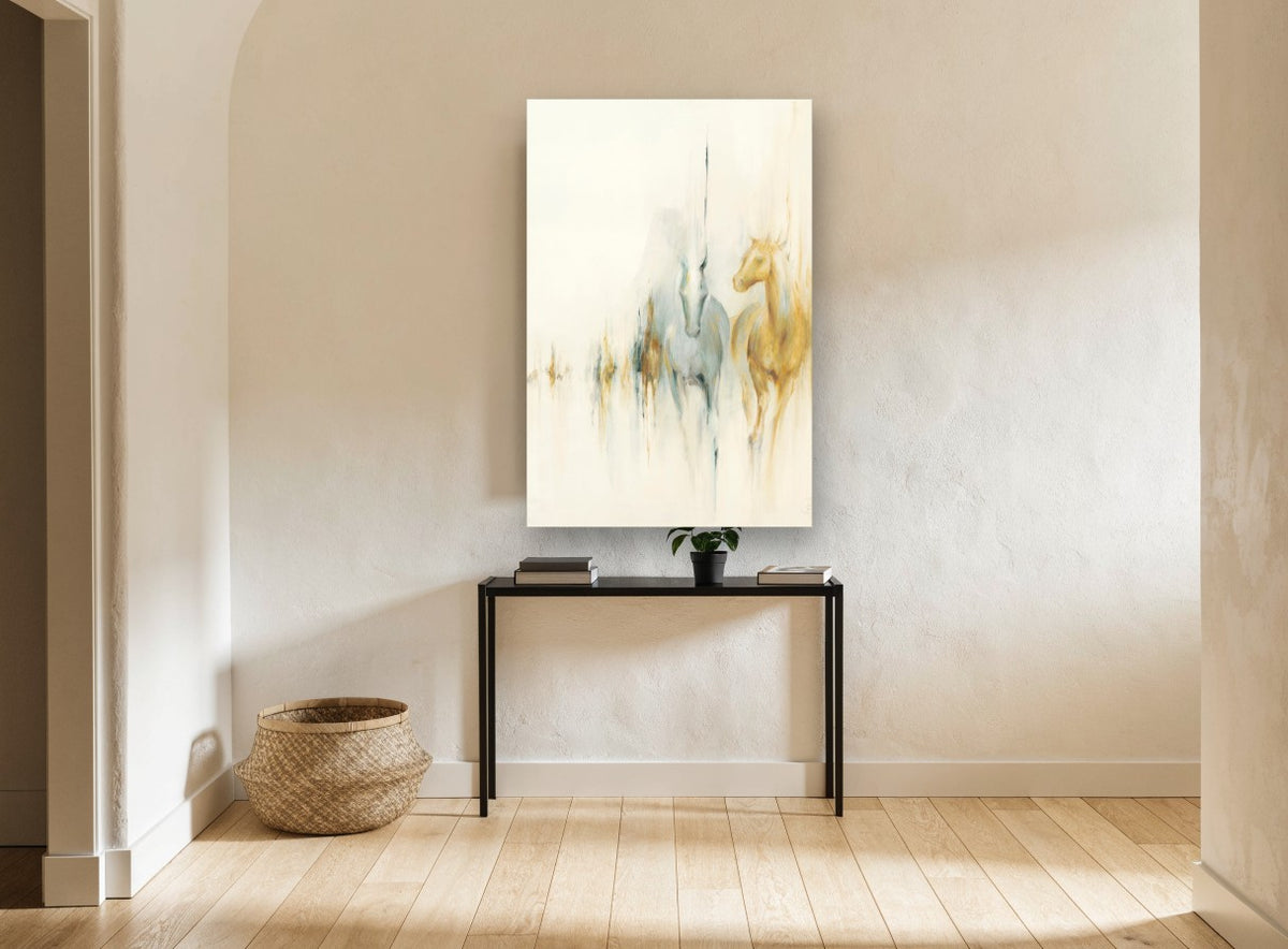 Two Horses Emerging animal canvas print on the wall of a hallway