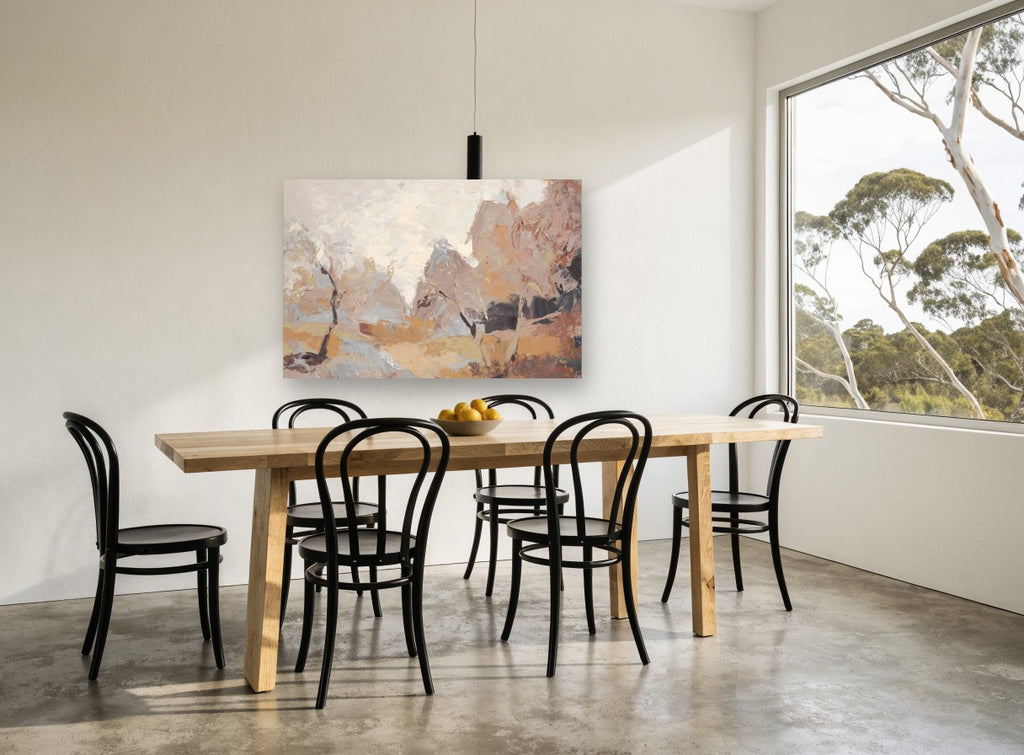 Dusty Ochre Clearing landscape canvas print on the wall of a dining room