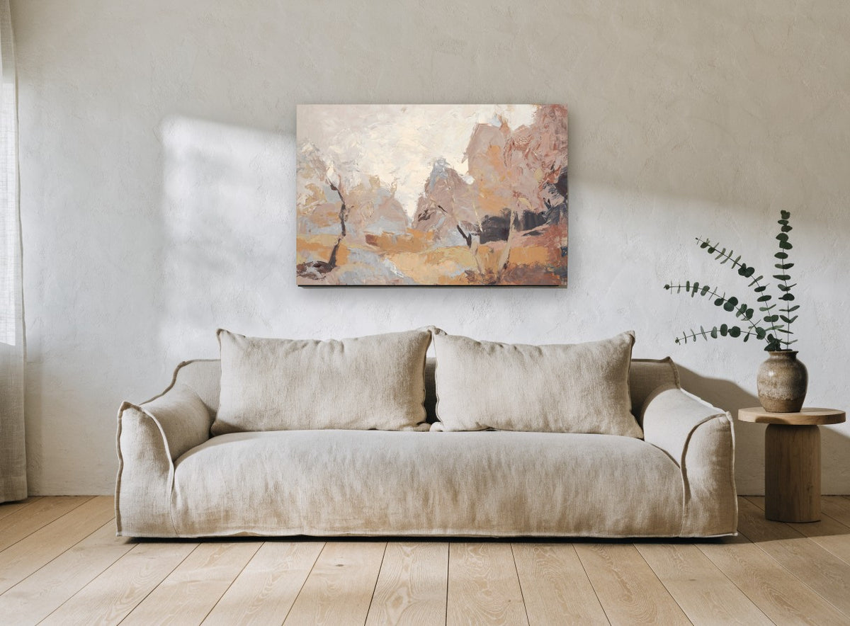 Dusty Ochre Clearing landscape canvas print on the wall of a living room
