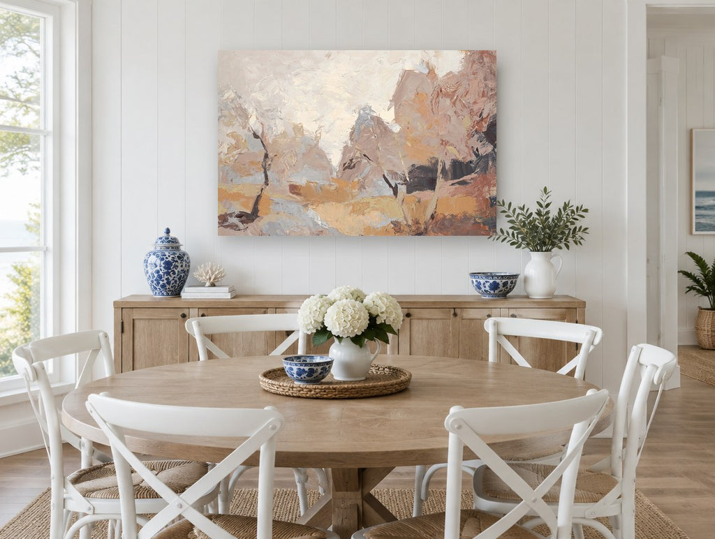 Dusty Ochre Clearing landscape canvas print on the wall of a Hamptons dining room