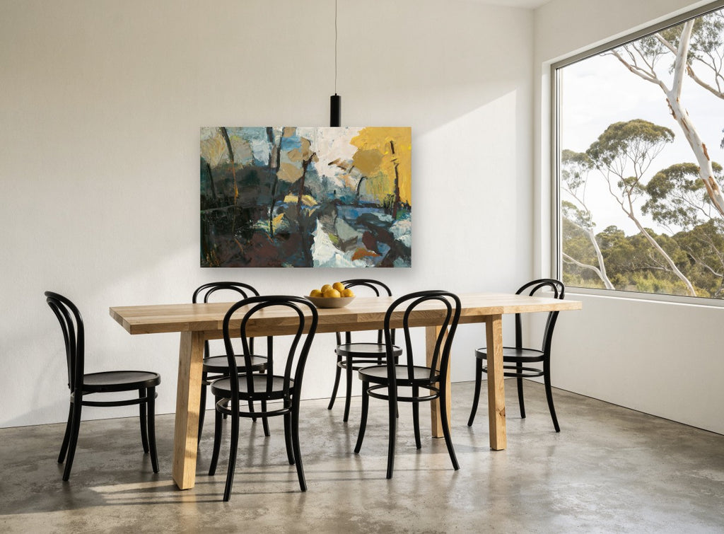 Golden Birch Thaw landscape canvas print on the wall of a dining room