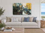 Golden Birch Thaw landscape canvas print on the wall of a beach house living room