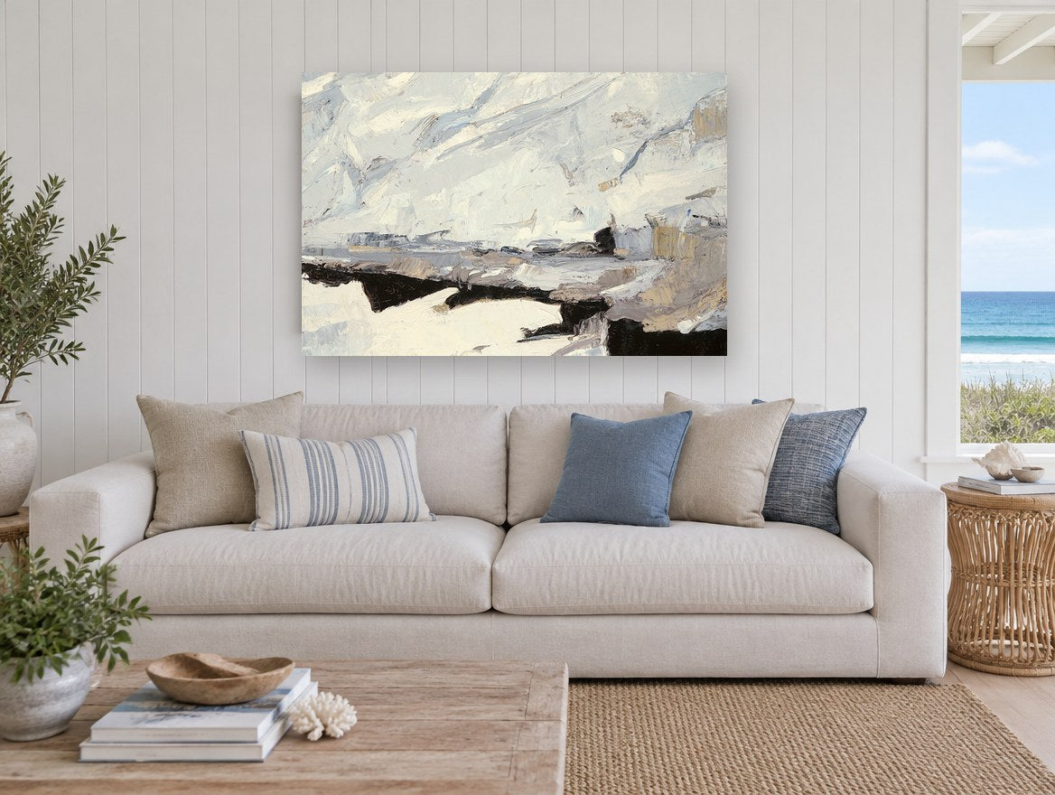 Snowfield Ridgeline landscape canvas print on the wall of a beach house living room