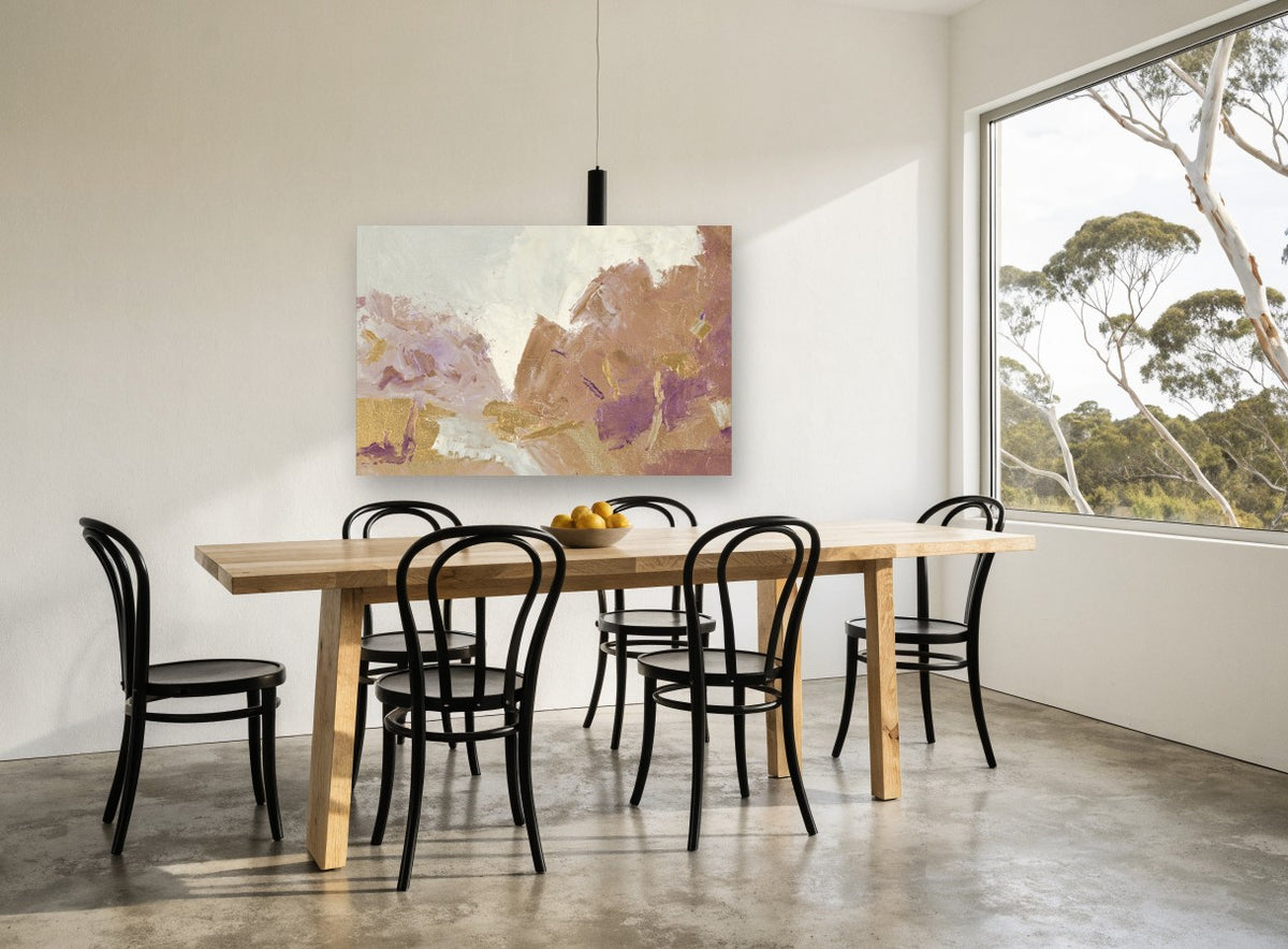 Lavender Ridge Clearing landscape canvas print on the wall of a dining room