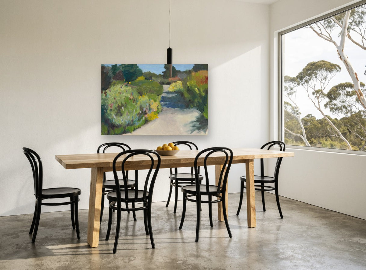 Sunlit Garden Walkway landscape canvas print on the wall of a dining room