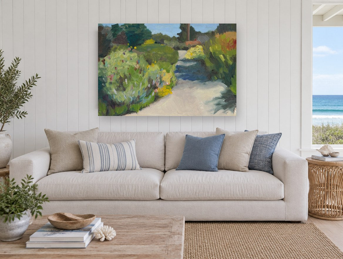 Sunlit Garden Walkway landscape canvas print on the wall of a beach house living room