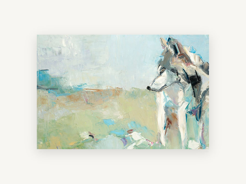Wolf in Pale Meadow, abstract wolf meadow painting, animal canvas wall art print, front view