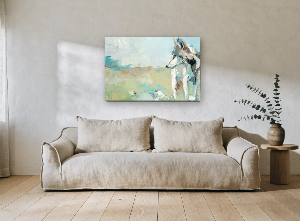 Wolf in Pale Meadow animal canvas print on the wall of a living room
