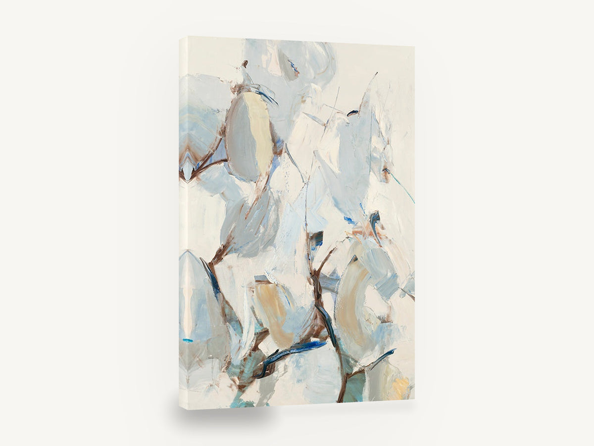 Pale Leaves in Wind, abstract pale blue leaves branch painting, floral canvas wall art print ready to hang