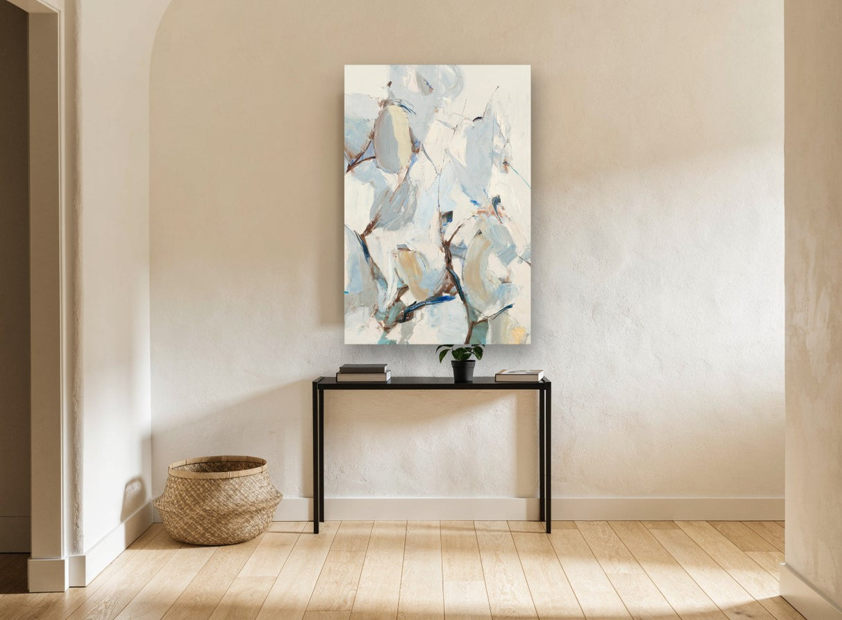 Pale Leaves in Wind floral canvas print on the wall of a hallway