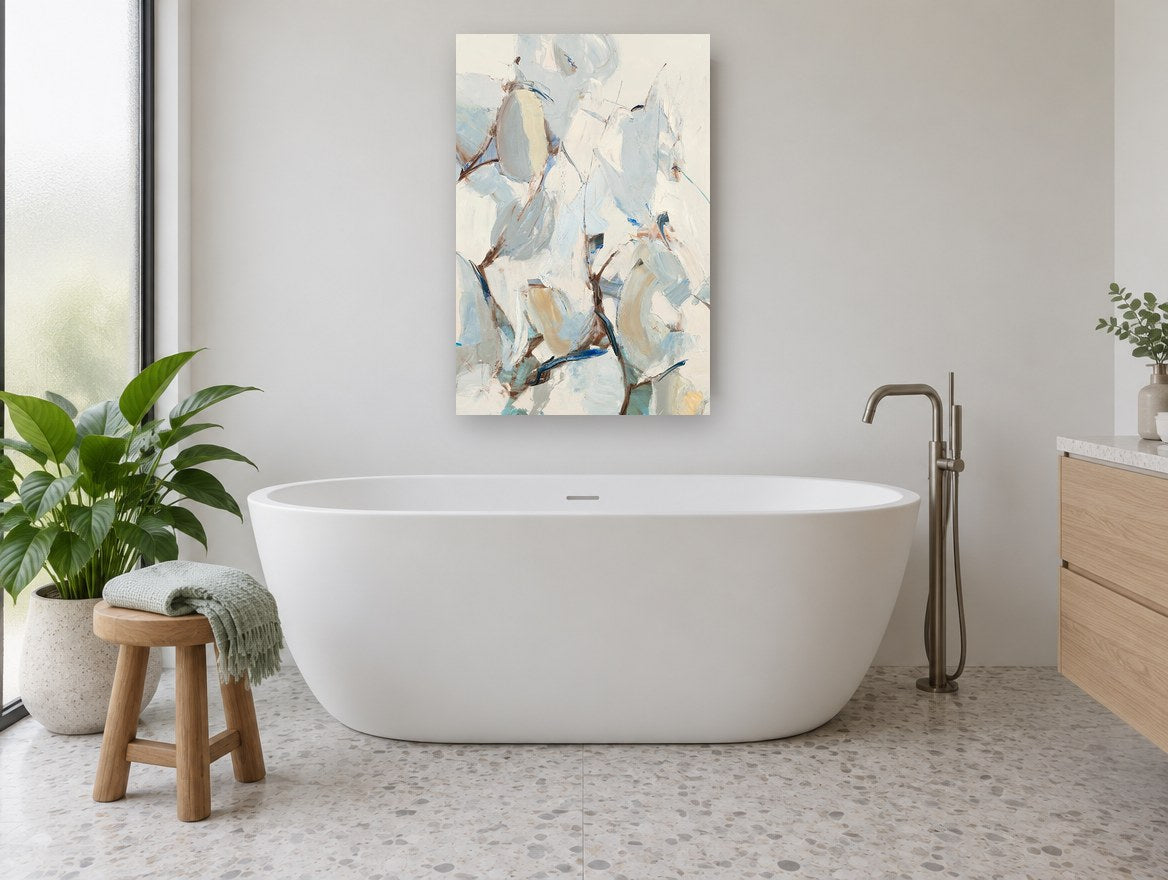 Pale Leaves in Wind floral canvas print on the wall of a bathroom