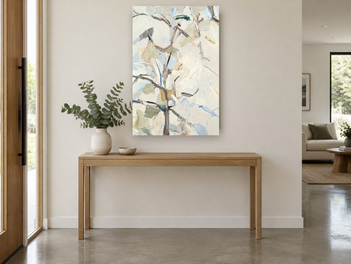 Pale Pear Branches floral canvas print on the wall of a entry hall