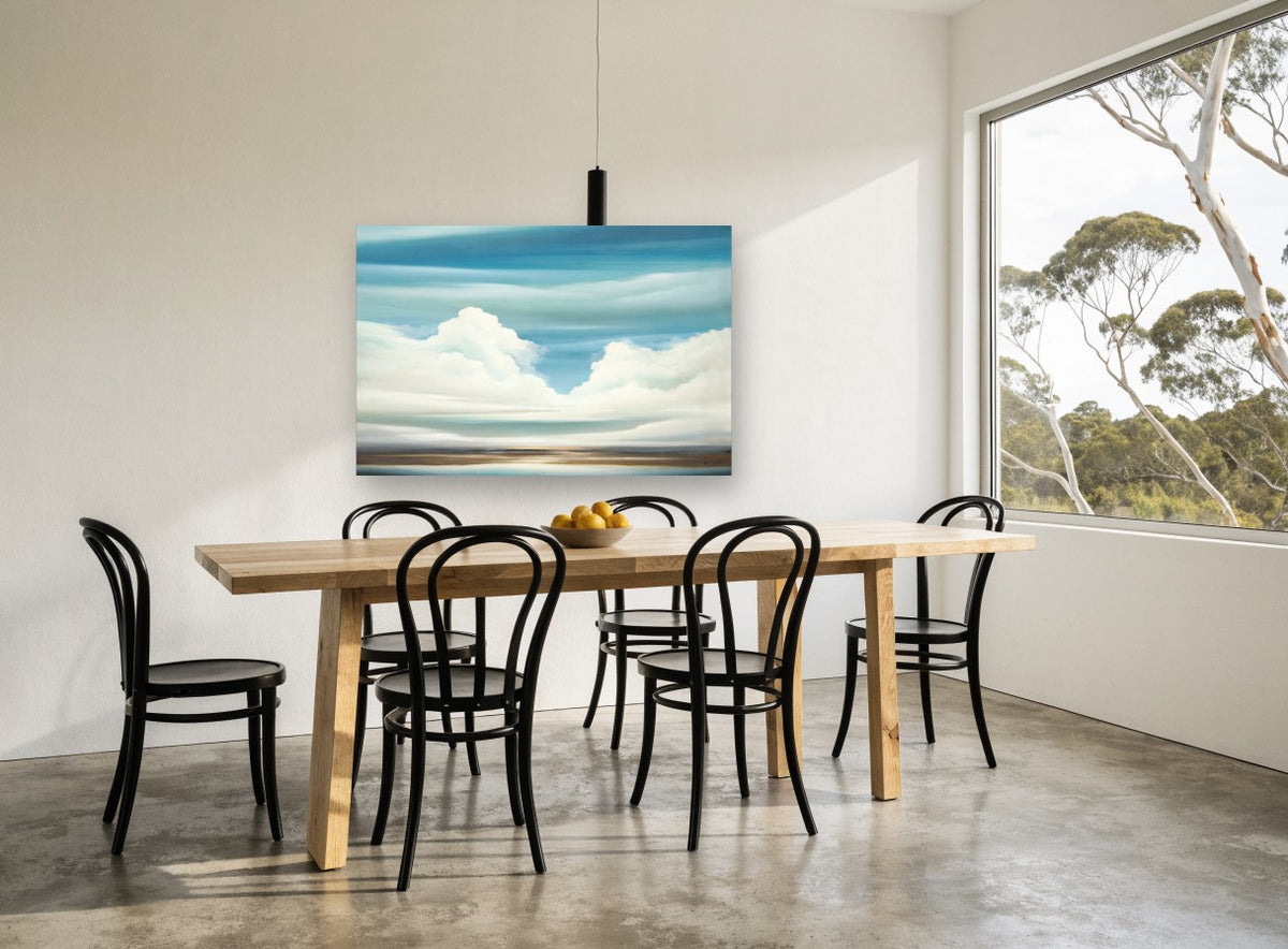 Cumulus Over Still Water coastal canvas print on the wall of a dining room