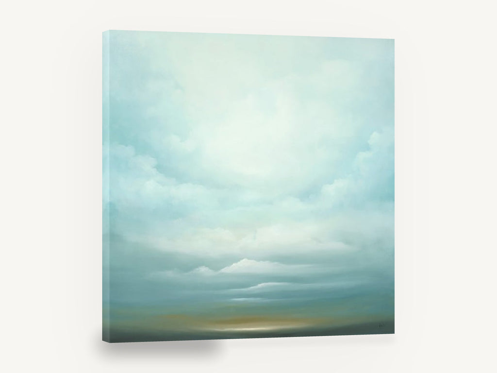 Pale Horizon Sky, soft teal cloudscape over horizon, landscape canvas wall art print ready to hang