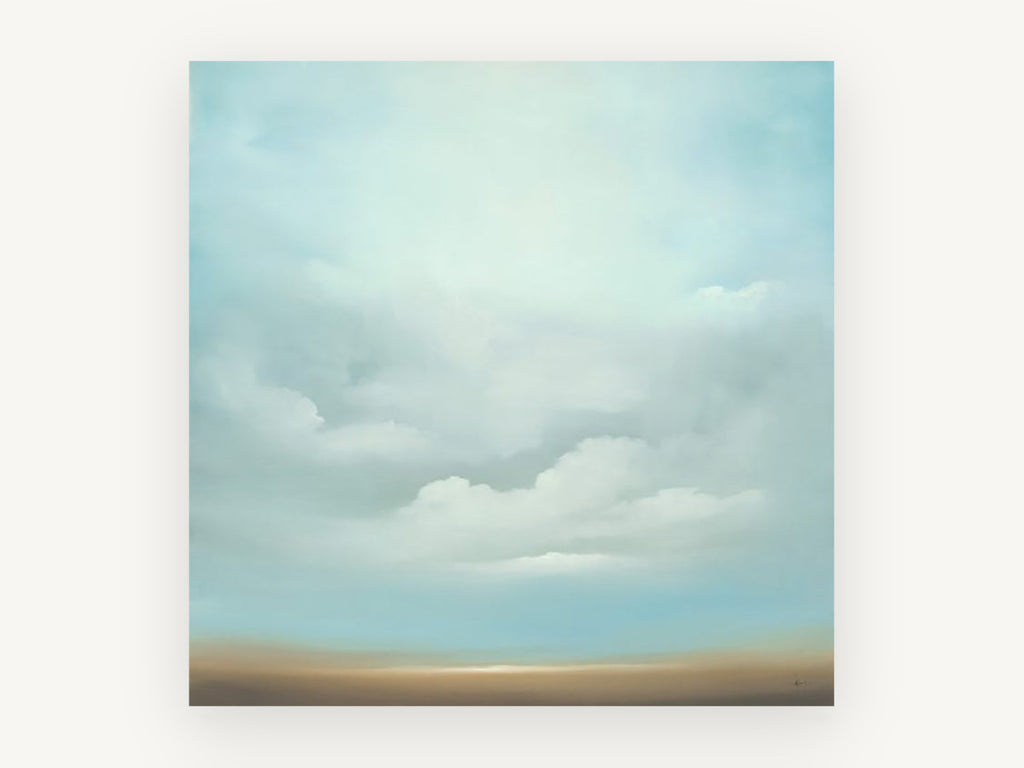 Soft Cloud Horizon, pale blue cloudscape over horizon, landscape canvas wall art print, front view