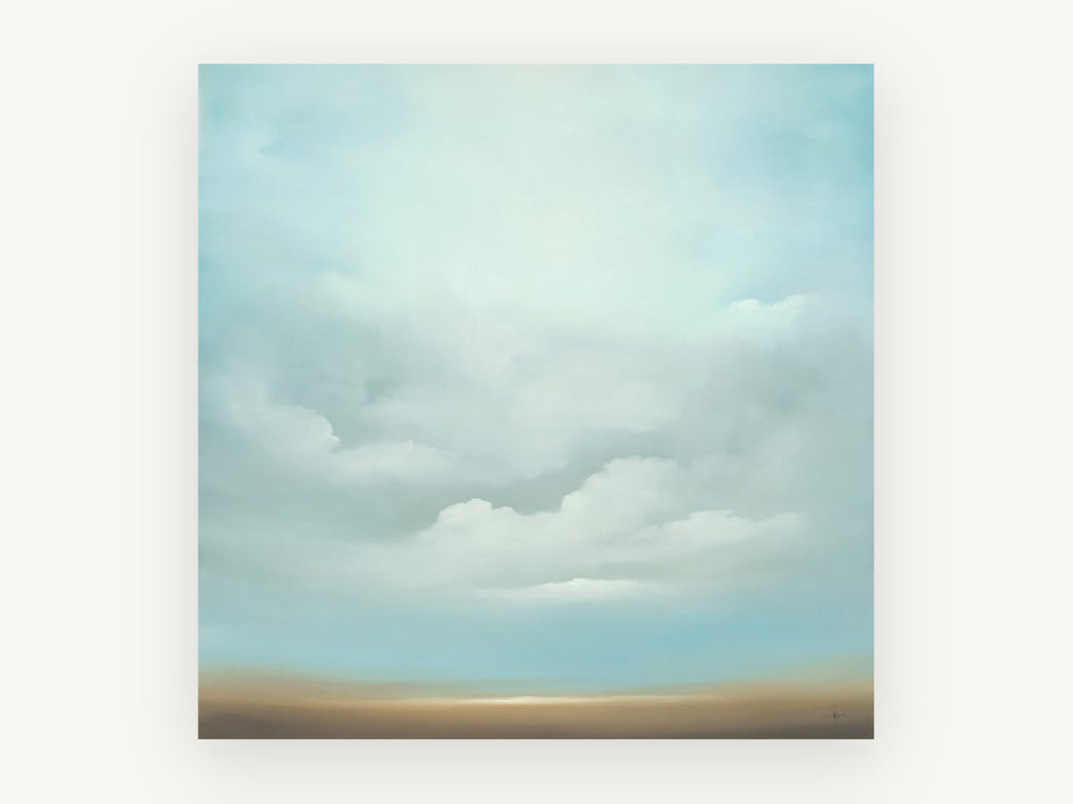 Soft Cloud Horizon, pale blue cloudscape over horizon, landscape canvas wall art print, front view