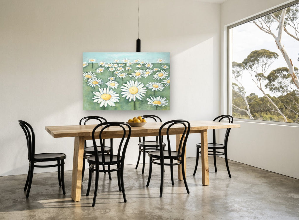 Daisy Meadow Hill floral canvas print on the wall of a dining room