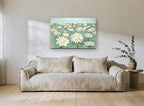 Daisy Meadow Hill floral canvas print on the wall of a living room