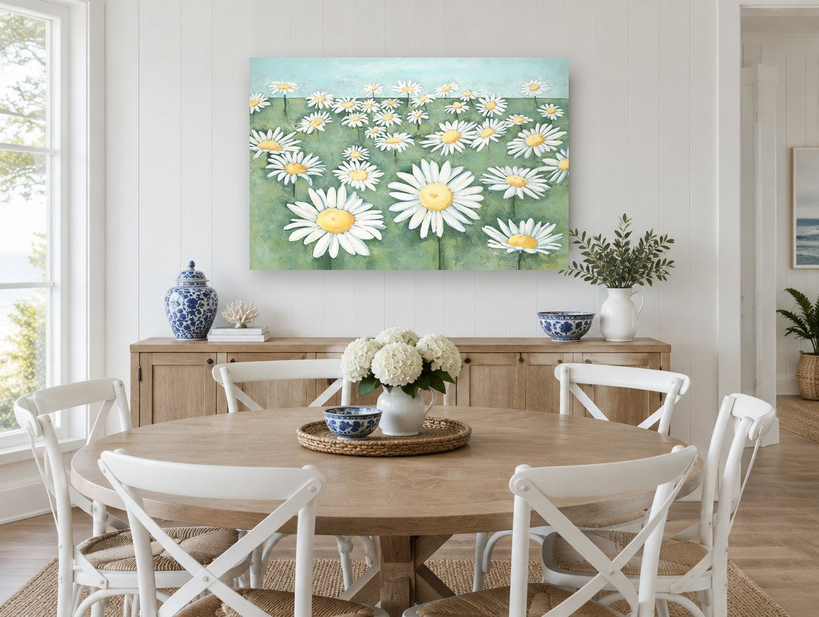 Daisy Meadow Hill floral canvas print on the wall of a Hamptons dining room