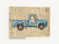 Blue Truck on Newsprint, vintage blue ford pickup newspaper collage, stretched canvas wall art print ready to hang