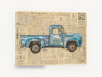 Blue Truck on Newsprint, vintage blue ford pickup newspaper collage, stretched canvas wall art print ready to hang
