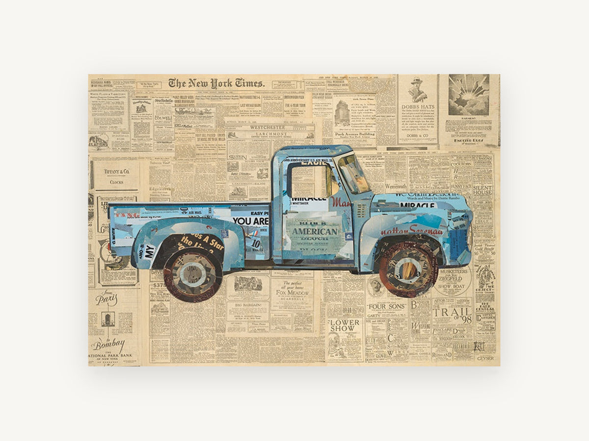 Blue Truck on Newsprint, vintage canvas wall art print, front view