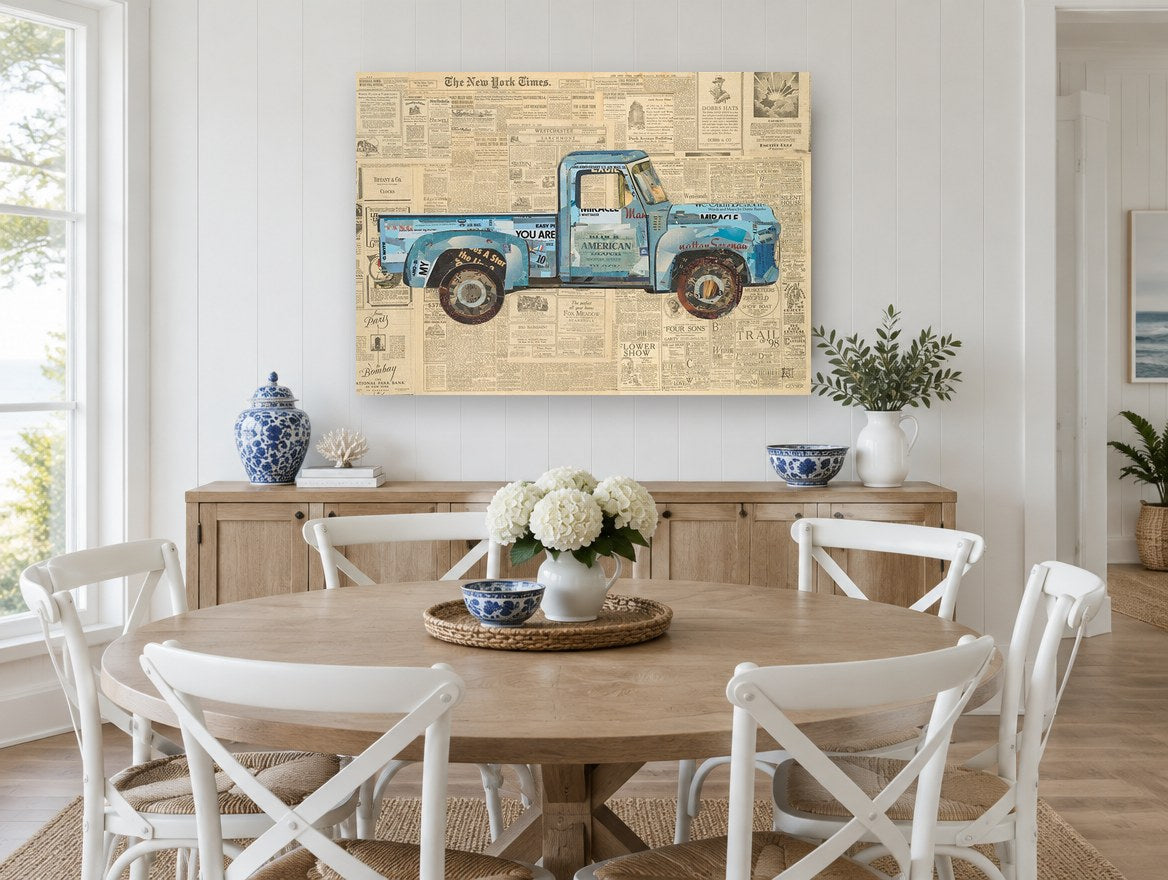 Blue Truck on Newsprint vintage canvas print on the wall of a Hamptons dining room