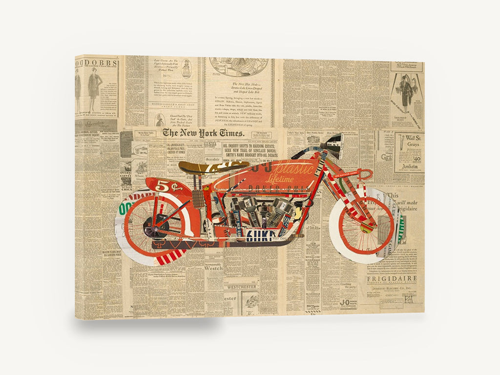 Red Newsprint Motorcycle, vintage red motorcycle newspaper collage, stretched canvas wall art print ready to hang